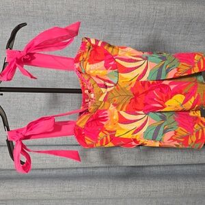 Evolutionary Crop Top Colorful‎ Tropical Floral  with Pink Ribbon Straps Size XL